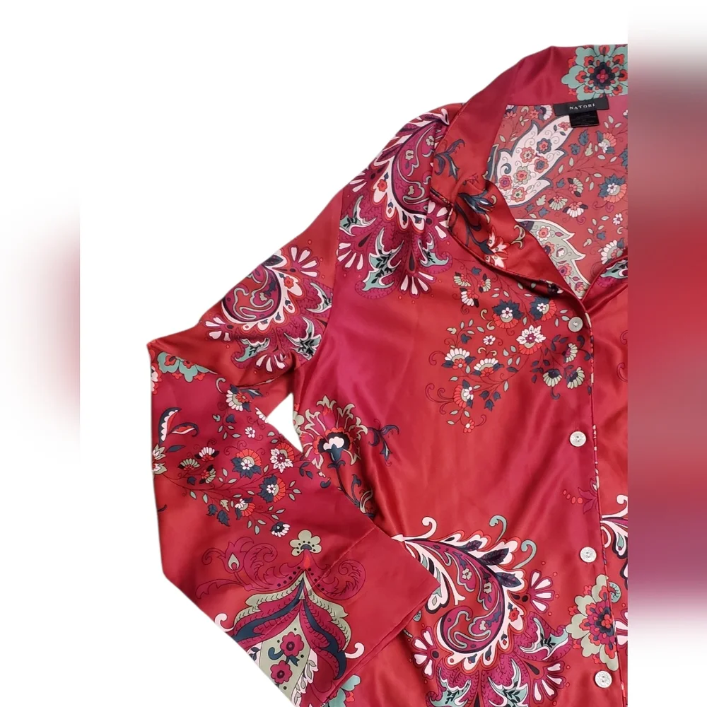 NWT Natori Satin Paisley Floral Button Front Pajama Top Artsy Asian
